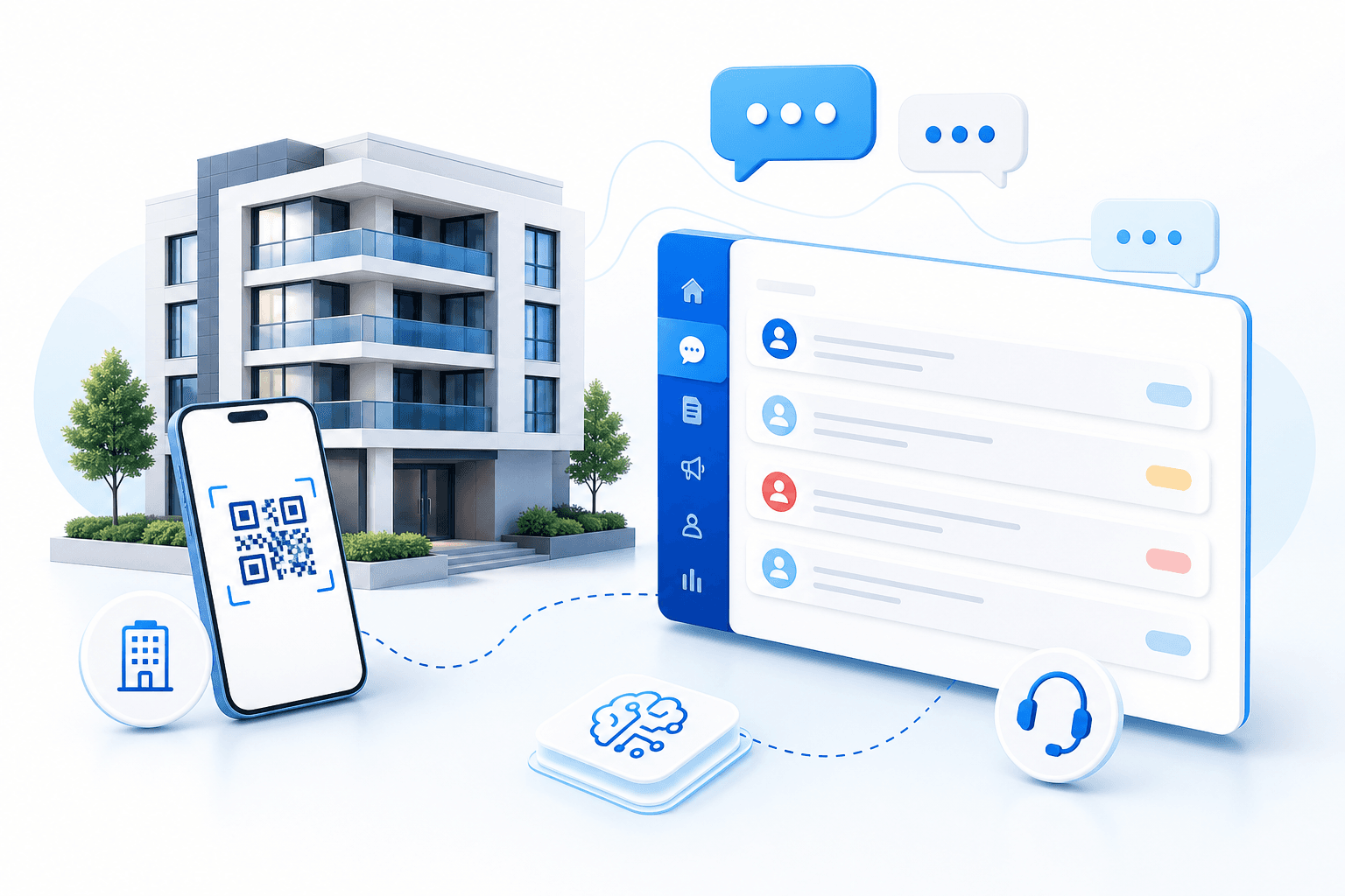 共通QR、物件紐づけ、入居者からの問い合わせ、AI受付、管理画面がつながるクラサポCloudの特徴イメージ